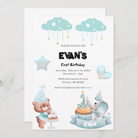 Teddybeer Sage Blue Beary eerste verjaardag Kaart (Voorkant / Achterkant)