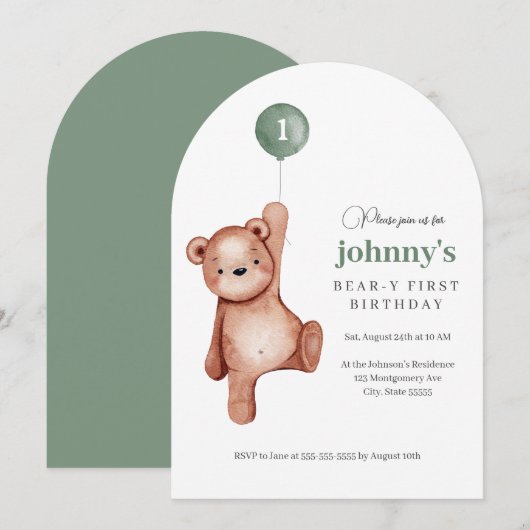 Teddybeer Sage Green eerste verjaardagsfeestje Kaart (Voorkant / Achterkant)