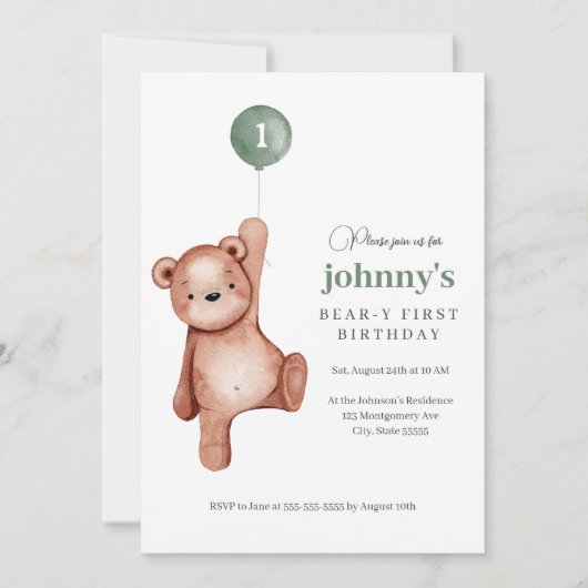 Teddybeer Sage Green eerste verjaardagsfeestje Kaart (Voorkant)