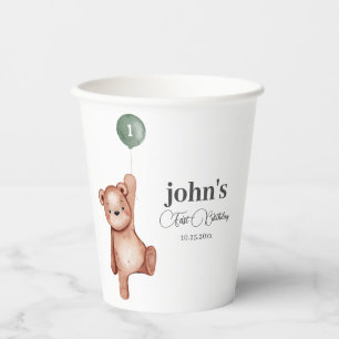 Teddybeer Sage Green eerste verjaardagsfeestje Papieren Bekers