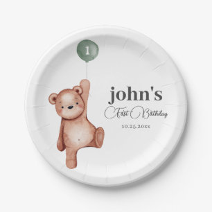 Teddybeer Sage Green eerste verjaardagsfeestje Papieren Bordje