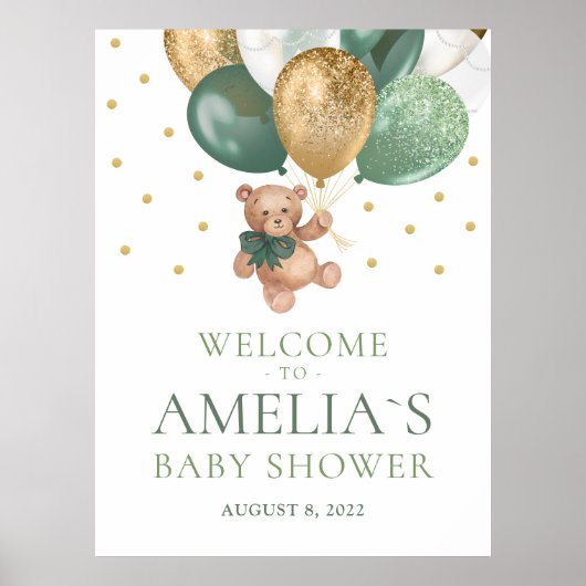 Teddybeer Saliegroen Welkom Baby Shower Poster (Voorkant)