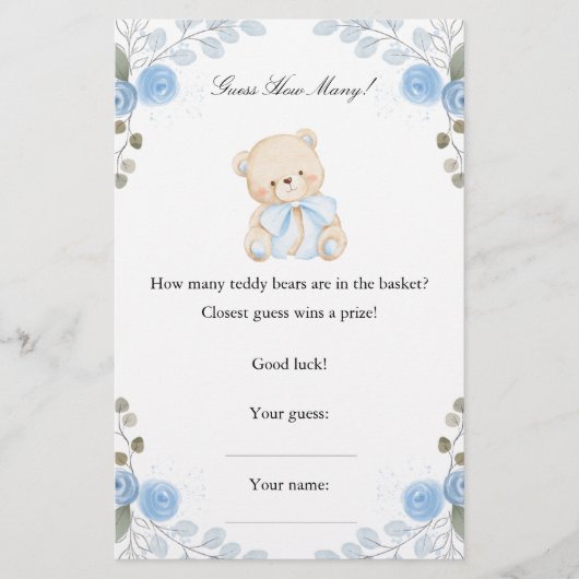 Teddybeer schat hoeveel Baby shower spel (Voorkant)