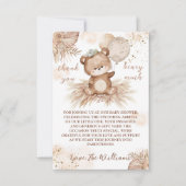 Teddybeer Schattige Beige Pampas Baby shower Bedankkaart (Voorkant)