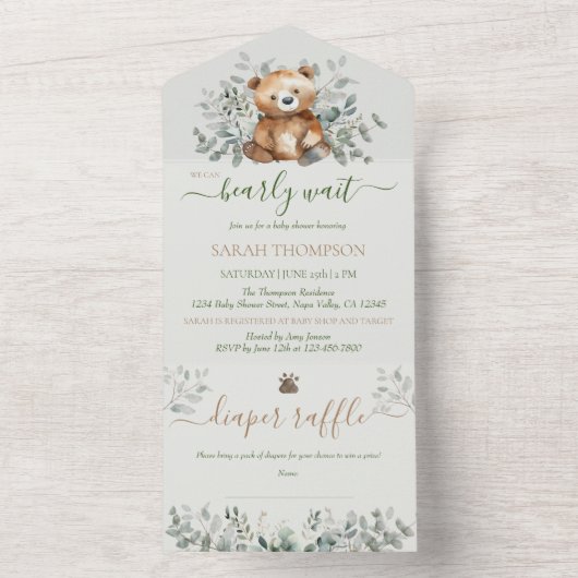 Teddybeer Schattige genderneutraal Baby Baby showe All In One Uitnodiging (Binnen)