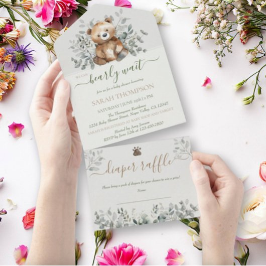 Teddybeer Schattige genderneutraal Baby Baby showe All In One Uitnodiging