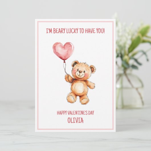 Teddybeer Schattige Kinderen Roze Gelukkige Valent Feestdagenkaart (Staand voorkant)