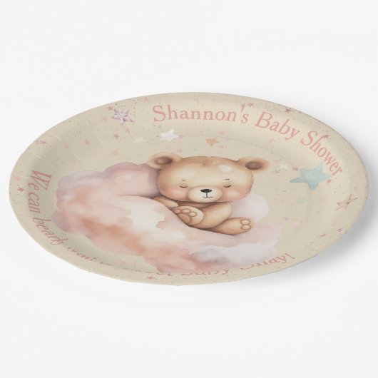 Teddybeer slaapt in het Baby shower Papieren Bordje (Gekanteld)