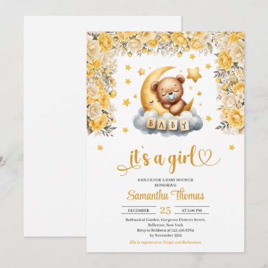 Teddybeer slapend geel bloemenmeisje baby shower kaart (Voorkant / Achterkant)