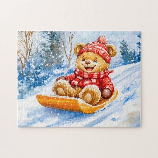 Teddybeer sleeën van een helling in de winter legpuzzel (Horizontaal)