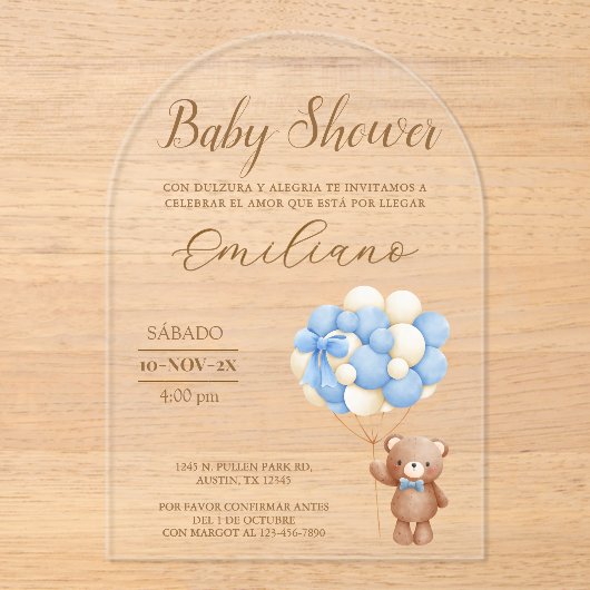 Teddybeer Spaans Baby shower Ballonnen Acryl Uitnodigingen (Voorkant)
