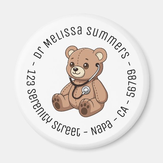 Teddybeer Stethoscoop Kinderarts Rond Tekst Magneet (Voorkant)
