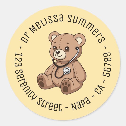 Teddybeer Stethoscoop Ronde Tekst Geel Sticker (Voorkant)