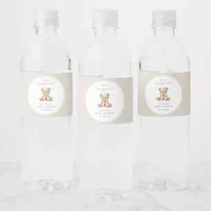 Teddybeer, Strik, Beige Stippen, Baby Shower Waterfles Etiket
