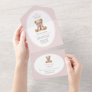 Teddybeer, Strik, Roze Stippen, Eerste Verjaardag All In One Uitnodiging