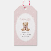 Teddybeer, Strik, Roze Stippen, Eerste Verjaardag Cadeaulabel (Voorkant)