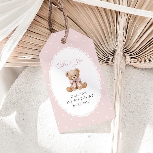 Teddybeer, Strik, Roze Stippen, Eerste Verjaardag Cadeaulabel
