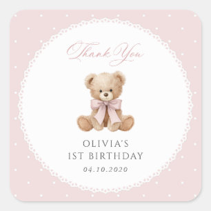 Teddybeer, Strik, Roze Stippen, Eerste Verjaardag Vierkante Sticker