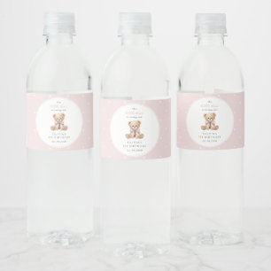 Teddybeer, Strik, Roze Stippen, Eerste Verjaardag Waterfles Etiket