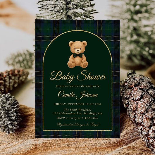 Teddybeer Tartan Preppy Babyshower Uitnodiging