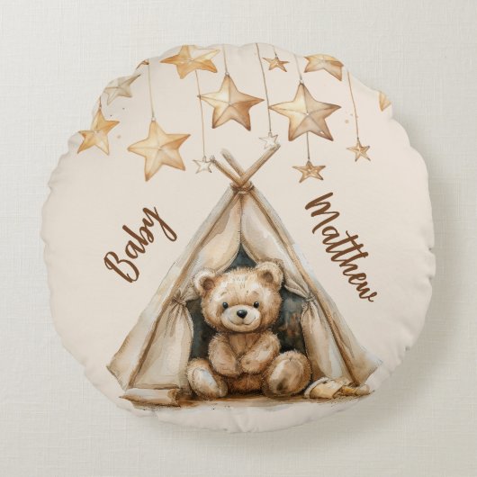 Teddybeer teepee beige bruine sterren boho kinderk rond kussen (Voorkant)