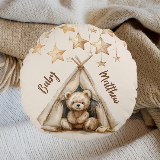 Teddybeer teepee beige bruine sterren boho kinderk rond kussen