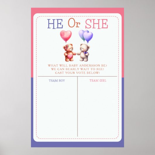 Teddybeer thema Geslacht onthullen stembord Poster (Voorkant)