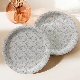 Teddybeer Toile de Jouy Dusty Blue Baby shower Papieren Bordje