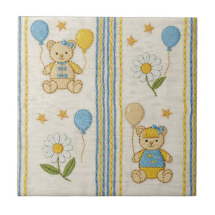 Teddybeer Tuintje met Madeliefjes Patroon (1) Tegeltje