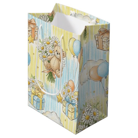 Teddybeer Tuintuinpatroon met Madeliefjes (3) Medium Cadeauzakje (Voorkant Gekanteld)