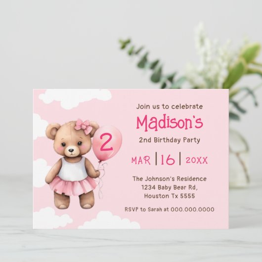 Teddybeer Tweede Verjaardag Uitnodiging (Staand voorkant)