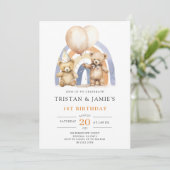 Teddybeer tweeling 1e verjaardag Waterverf Kaart (Staand voorkant)