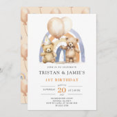 Teddybeer tweeling 1e verjaardag Waterverf Kaart (Voorkant / Achterkant)