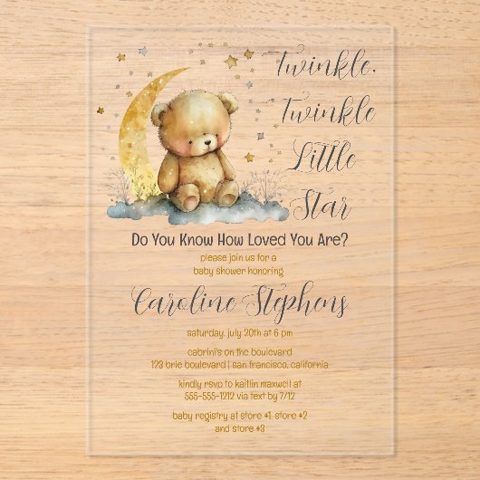 Teddybeer Twinkle Twinkle Little Star Baby Shower Acryl Uitnodigingen (Voorkant)
