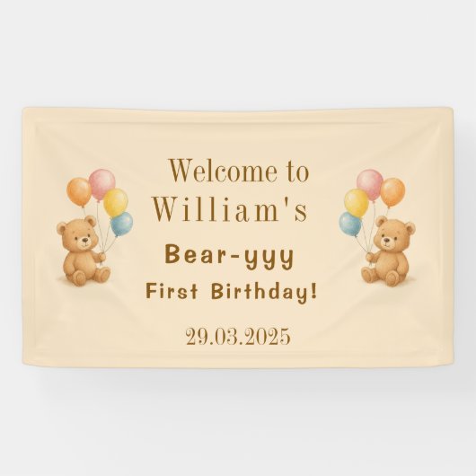 Teddybeer Verjaardag Banner met pastelballonnen (Horizontaal)