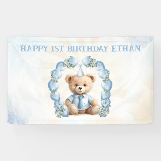 Teddybeer Verjaardag Blauwe Ballon Arch Banner (Horizontaal)