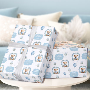 Teddybeer Verjaardag Jongen Naam Blauw Verpakkings Cadeaupapier