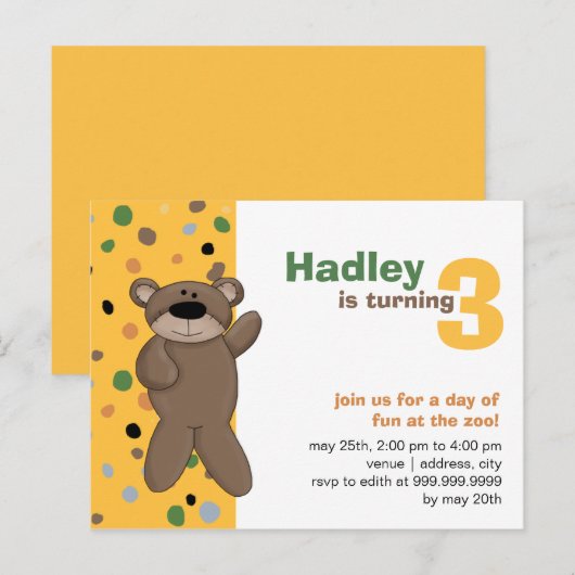 Teddybeer · Verjaardag Uitnodiging (Voorkant / Achterkant)