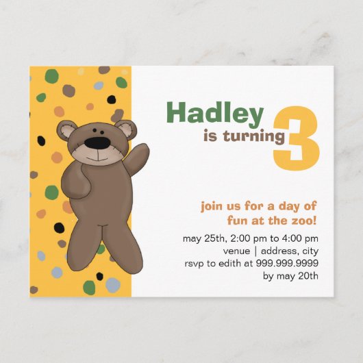 Teddybeer · Verjaardag Uitnodiging Briefkaart (Voorkant)