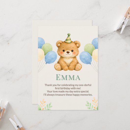 Teddybeer Verjaardags Dankkaart Kaart (Voorkant / Achterkant in situ)