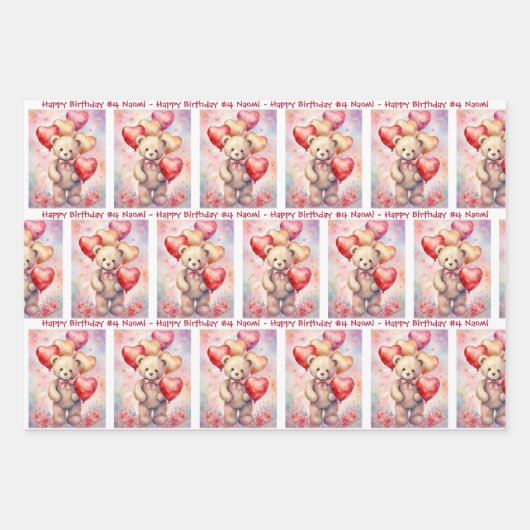 Teddybeer Verjaardagsballonnen Naam & leeftijd kin Inpakpapier Vel (Voorkant)