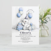 Teddybeer Verjaardagsfeest Uitnodiging 1 Jaar (Staand voorkant)