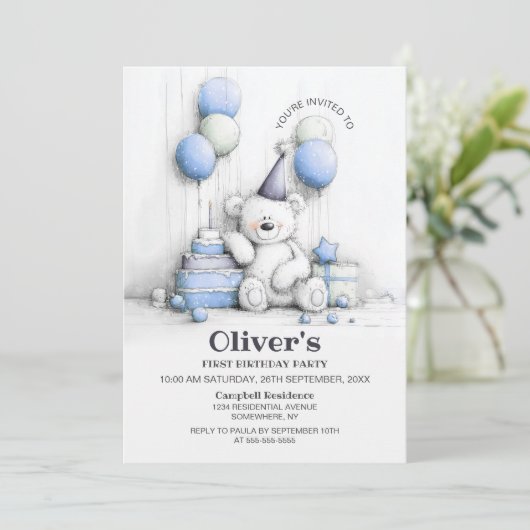 Teddybeer Verjaardagsfeest Uitnodiging 1 Jaar (Staand voorkant)