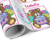 Teddybeer Verjaardagstaart Naam Leeftijd Roze Cadeaupapier (Rol Hoek)