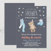 Teddybeer-verjaardagsuitnodiging blauwe jongensbab kaart (Voorkant / Achterkant)