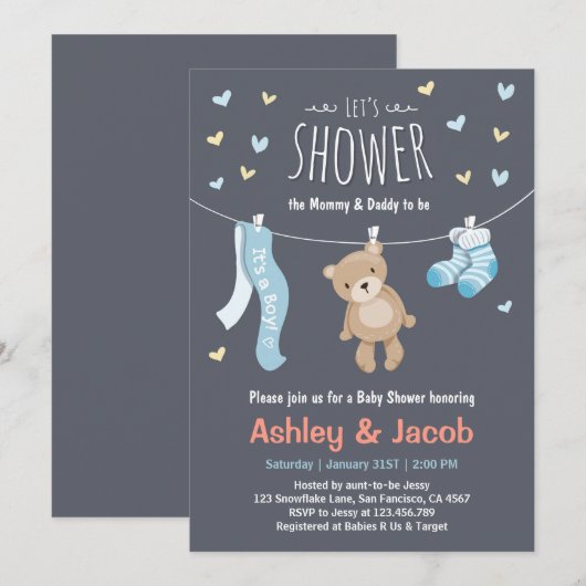 Teddybeer-verjaardagsuitnodiging blauwe jongensbab kaart (Voorkant / Achterkant)