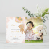 Teddybeer verjaardagsuitnodiging met foto kaart (Staand voorkant)