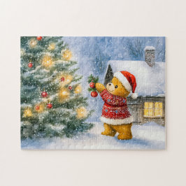 Teddybeer versiert een kerstboom in de sneeuw legpuzzel
