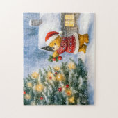 Teddybeer versiert een kerstboom in de sneeuw legpuzzel (Verticaal)