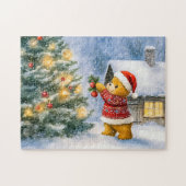 Teddybeer versiert kerstboom in sneeuw legpuzzel (Horizontaal)